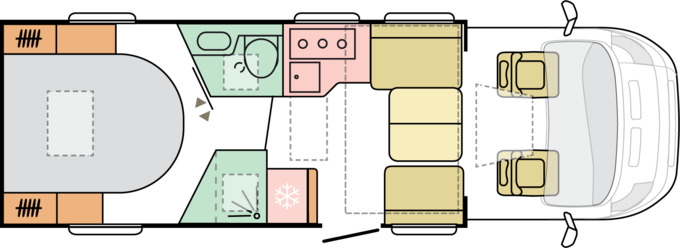 Indeling halfintegraal Adria Matrix Plus 670 DC huurcamper